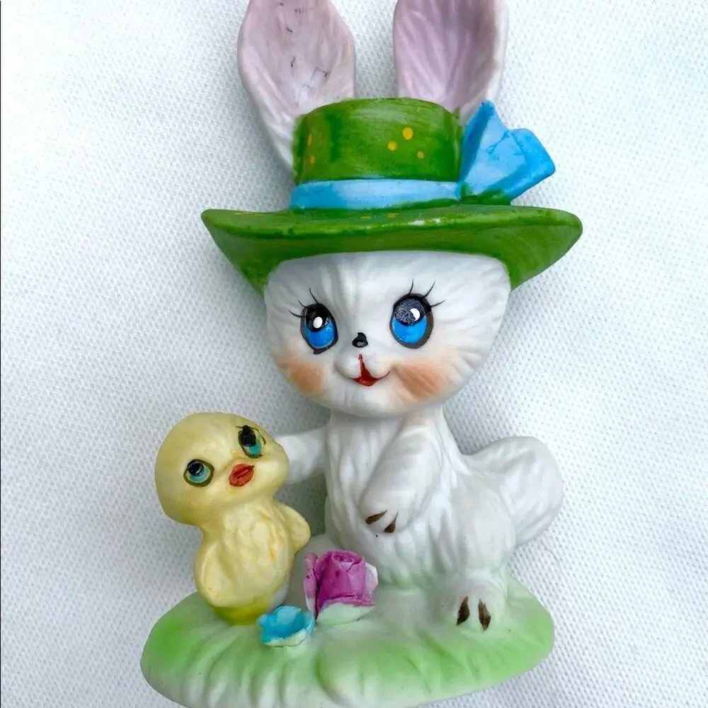 Cute Bunny &‎ Chick White Bisque Easter Figurine